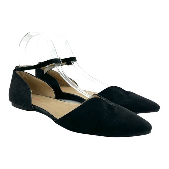 JustFab (6.5) Meena Black faux Suede Pointed Toe Ankle Strap D’Orsay Flats Shoes - Picture 1 of 10